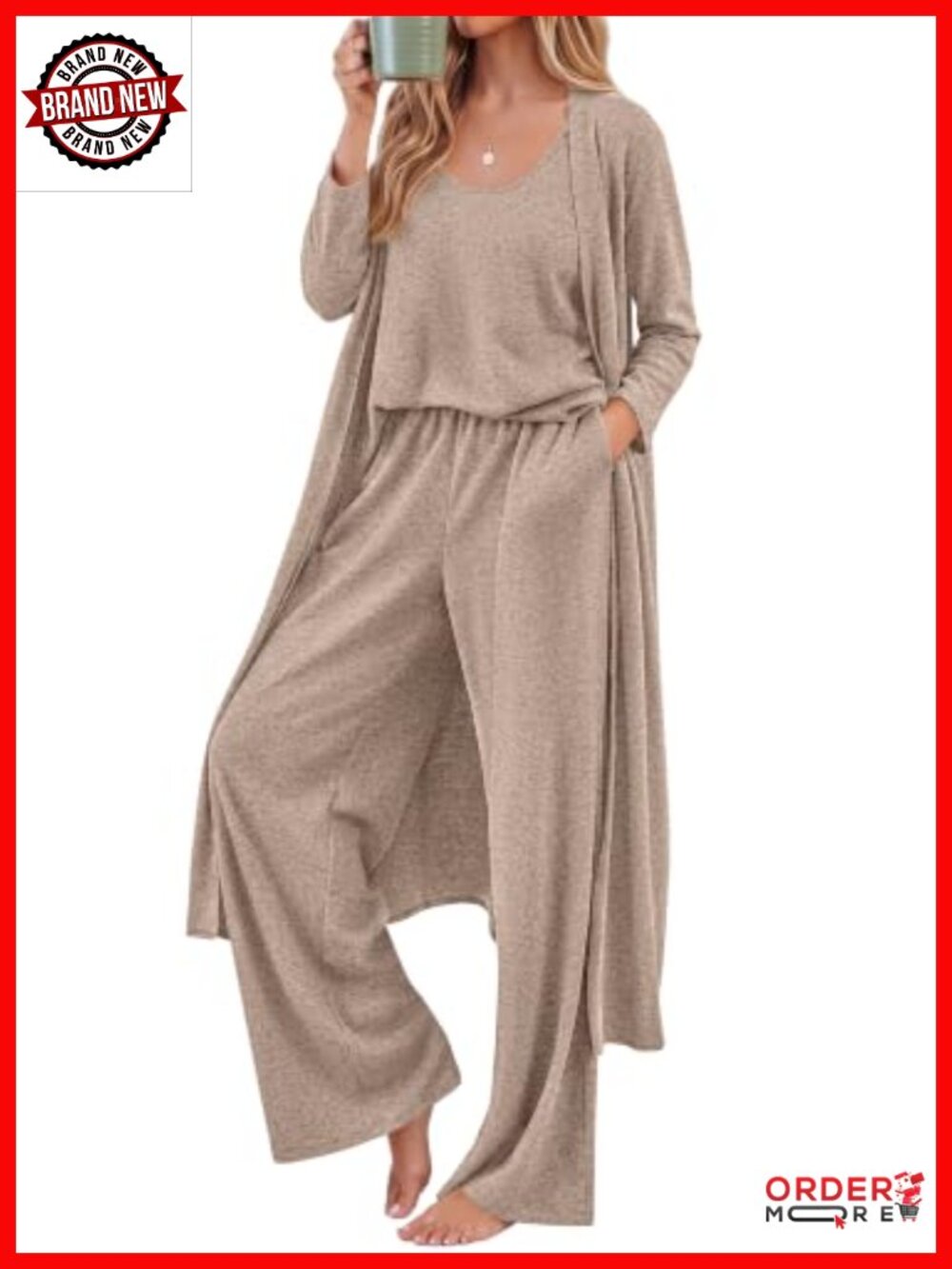 3 Piece Lounge Set Long Cardigan Tank Wide Leg Pants Travel Outfit